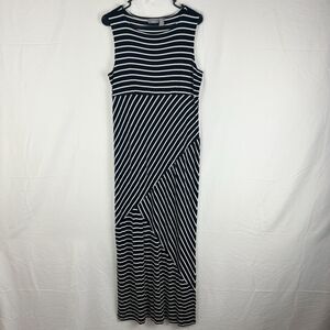 CHICOS Travelers Sz 2 Sleeveless MAXI DRESS PULLOVER Black White Striped Slinky